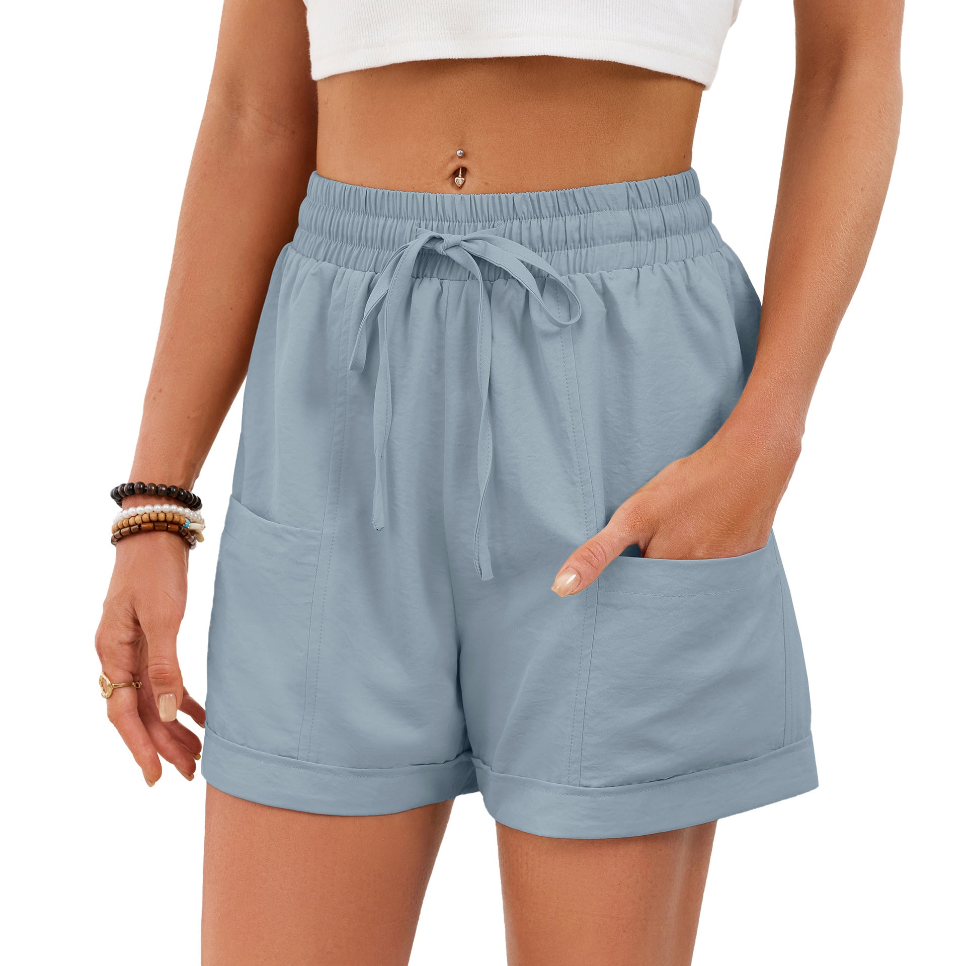Blue casual shorts with elastic waist, drawstring, and pockets.