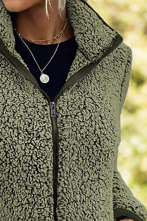 Moss teddy fleece zip-up jacket with a stand-up collar and full zipper.
