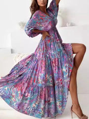 Printed V-neck Balloon Sleeve Maxi Dress in Black, alternate angle