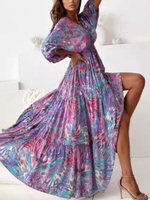 Printed V-neck Balloon Sleeve Maxi Dress in Black, alternate angle