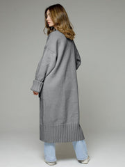Gray oversized ribbed-trim maxi cardigan with cuffed sleeves and hem