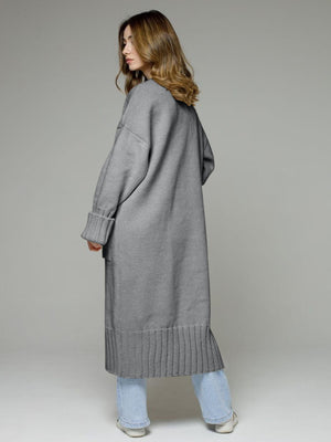 Gray oversized ribbed-trim maxi cardigan with cuffed sleeves and hem