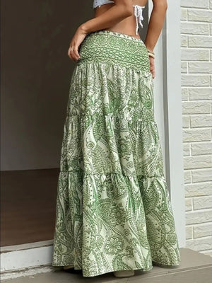 Bohemian paisley maxi skirt in Gum Leaf green with smocked waist and tiered ruffles.