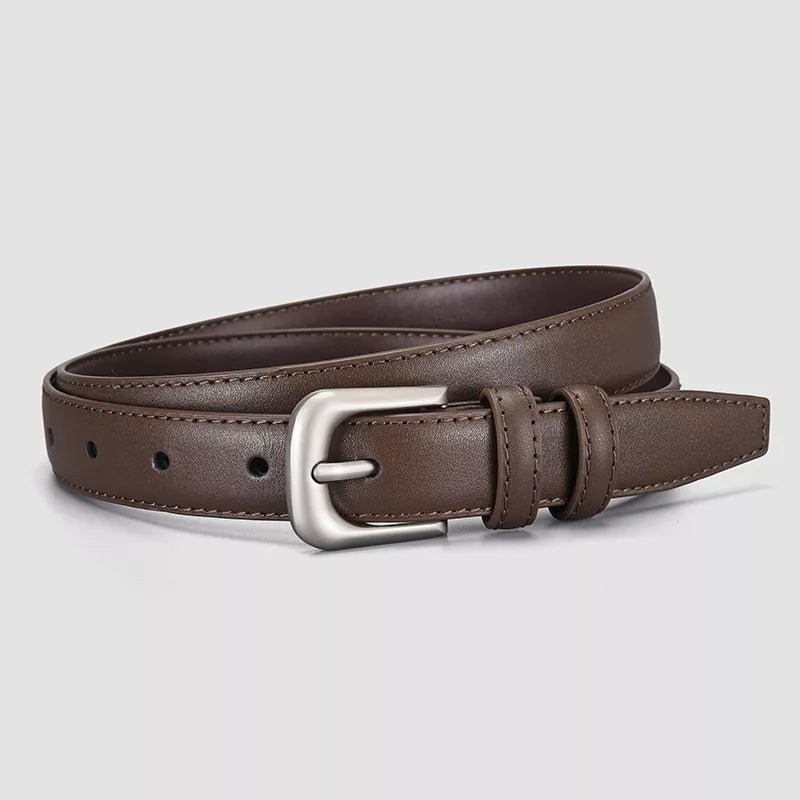 Brown cowhide leather belt with silver buckle and stitched detail