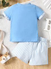 Baby blue cotton tee with striped cuffs and matching striped shorts.