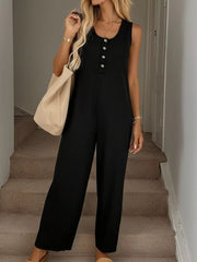 Black textured knit button-front sleeveless wide leg jumpsuit with scoop neck