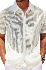 Ivory open-knit short-sleeve resort shirt with a button-up collar.