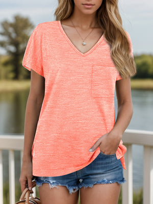 Relaxed fit v-neck tee in watermelon pink with short sleeves and a chest pocket.