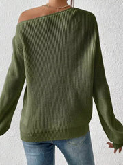 Dark green asymmetrical knit sweater with off-shoulder neckline and long sleeves.