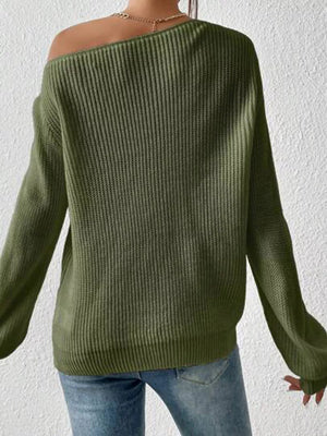 Dark green asymmetrical knit sweater with off-shoulder neckline and long sleeves.