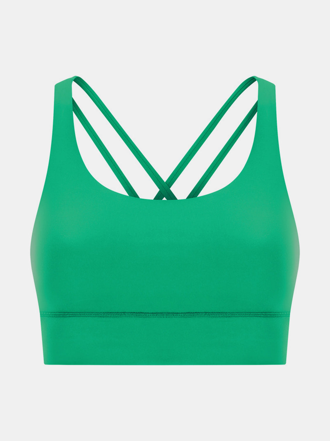 Green performance bra with crisscross back straps and a scoop neckline.