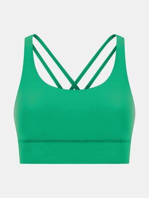 Green performance bra with crisscross back straps and a scoop neckline.