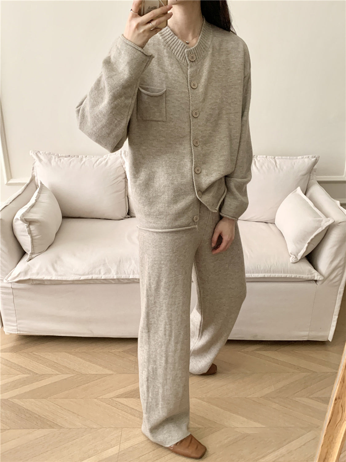 Taupe ribbed knit cardigan and wide leg pants set with button front and chest pocket.