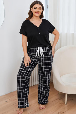 Black grid-print lounge set with Henley top and drawstring pants