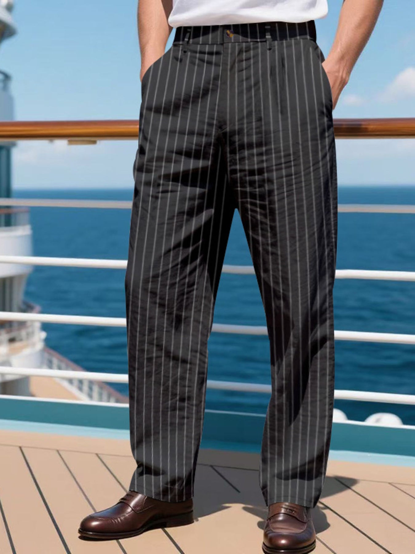Black pinstripe wide-leg men's sweatpants with a relaxed fit.