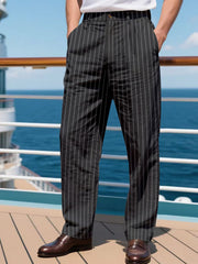 Black pinstripe wide-leg men's sweatpants with a relaxed fit.