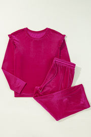Velvet culotte set in deep rose with flutter sleeve top and drawstring pants.