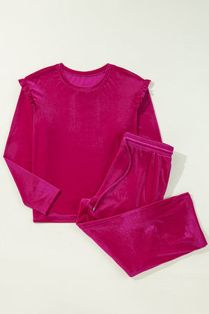 Velvet culotte set in deep rose with flutter sleeve top and drawstring pants.