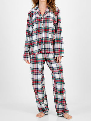 Crimson plaid pajama set with button-up top and relaxed pants, 100% polyester.
