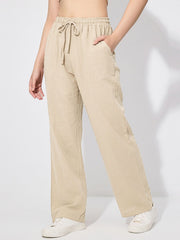 Drawstring wide leg casual pants in apricot with pockets and a relaxed fit.