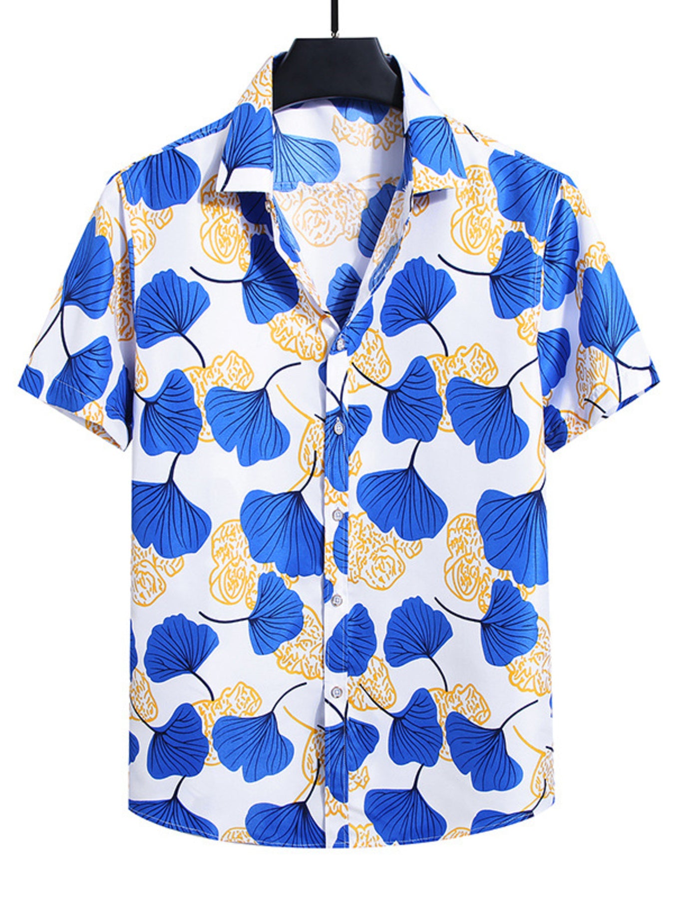 Men's short sleeve button-up shirt in French Blue with a nautical leaf print and yellow accents.