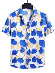 Men's short sleeve button-up shirt in French Blue with a nautical leaf print and yellow accents.
