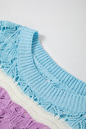 Striped openwork knit top in lavender, white, and light blue with a V-neck.