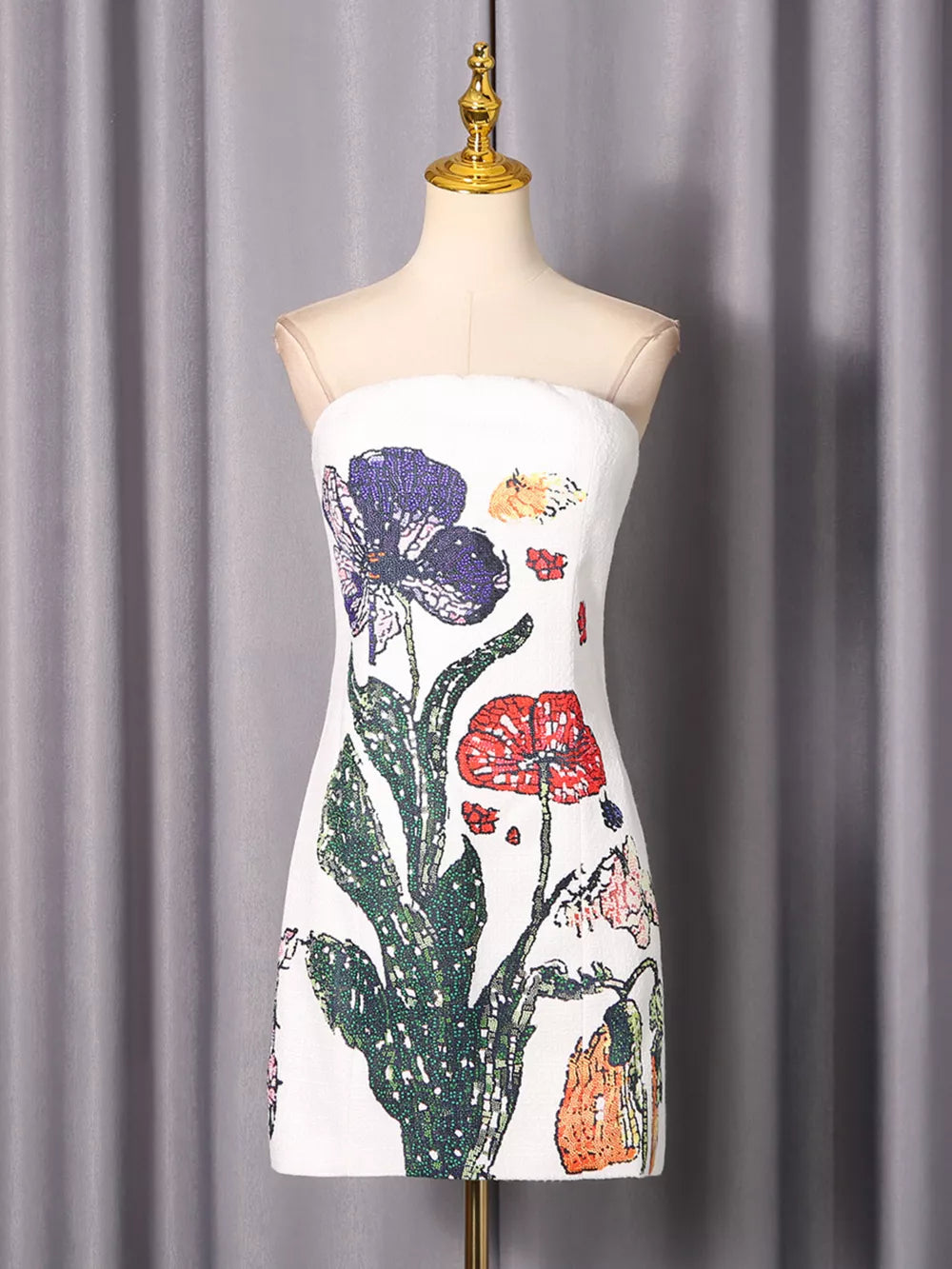 Strapless Floral Mini Dress in White, close-up detail