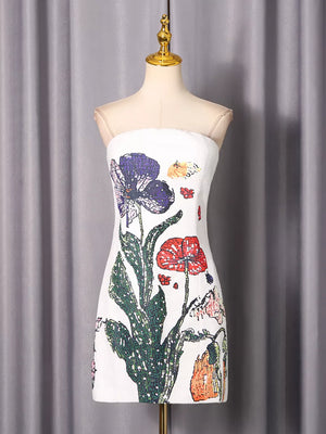 Strapless Floral Mini Dress in White, close-up detail