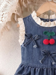 Children's Denim Cherry Applique Dress in Navy, close-up detail