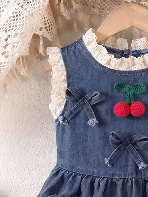 Children's Denim Cherry Applique Dress in Navy, close-up detail