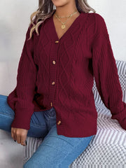 Burgundy cable knit balloon sleeve cardigan with button front
