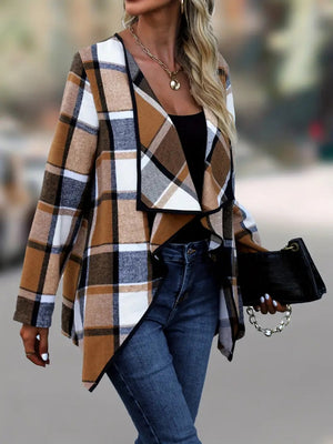 Asymmetric plaid drape front jacket in caramel, white, and black with an open front.