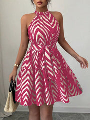 Rose red halter neck tie-waist ruffle dress with a white abstract pattern.