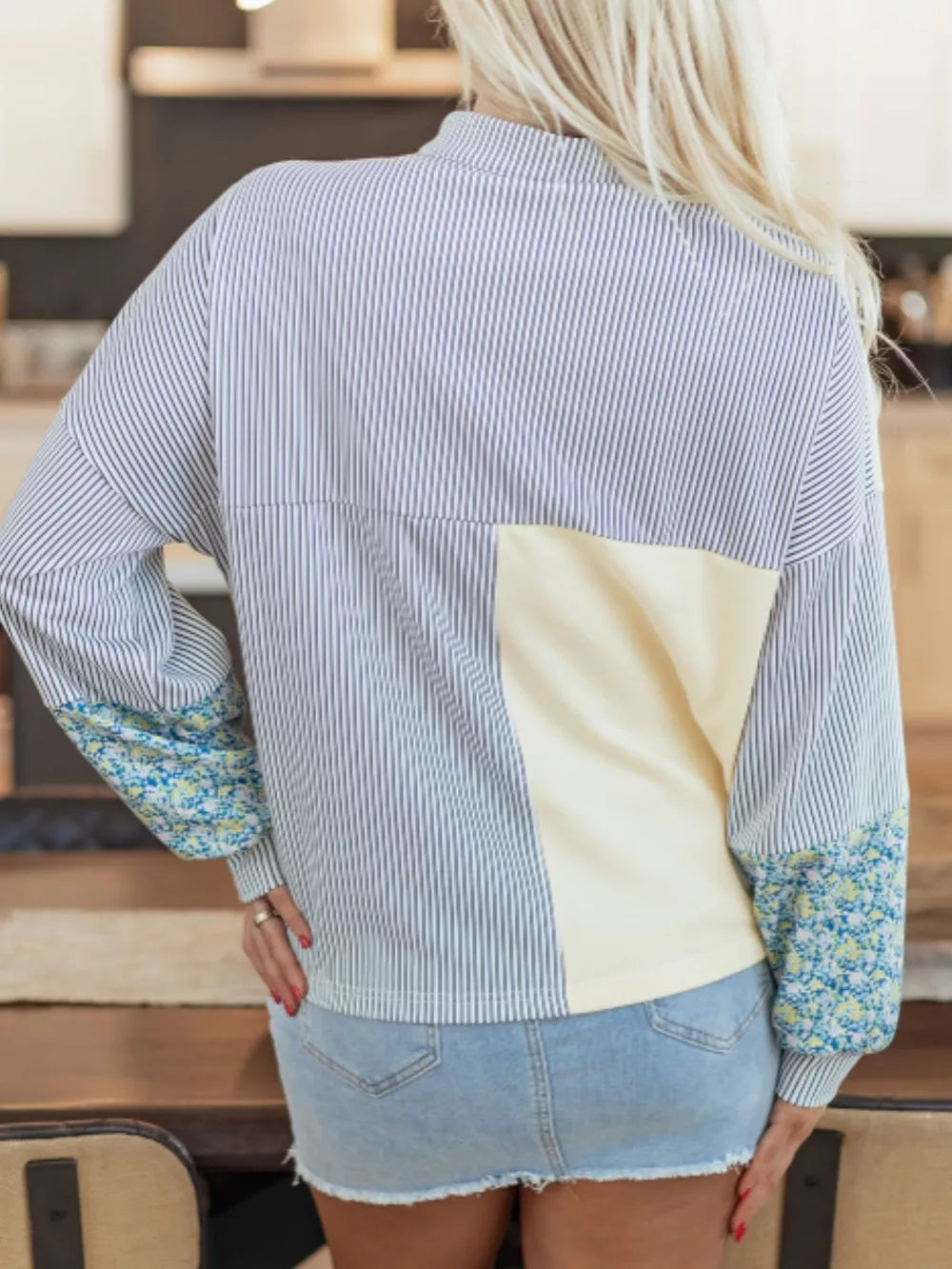 Floral Striped Drop Sleeve Collared Sweatshirt in Cream, close-up detail