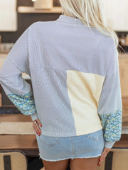Floral Striped Drop Sleeve Collared Sweatshirt in Cream, close-up detail