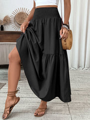 Black ruffled smocked waist maxi skirt with tiered hem detail