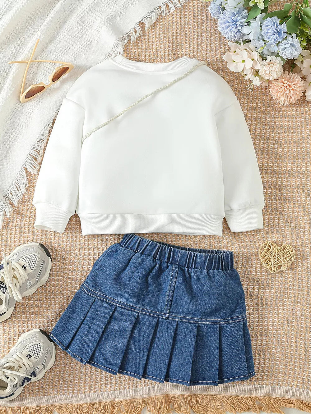 Children's Letter Long Sleeve Top And Denim Skirt Set in White, back view