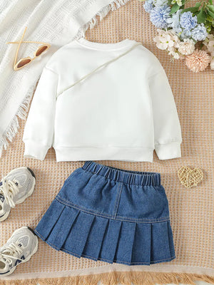 Children's Letter Long Sleeve Top And Denim Skirt Set in White, back view