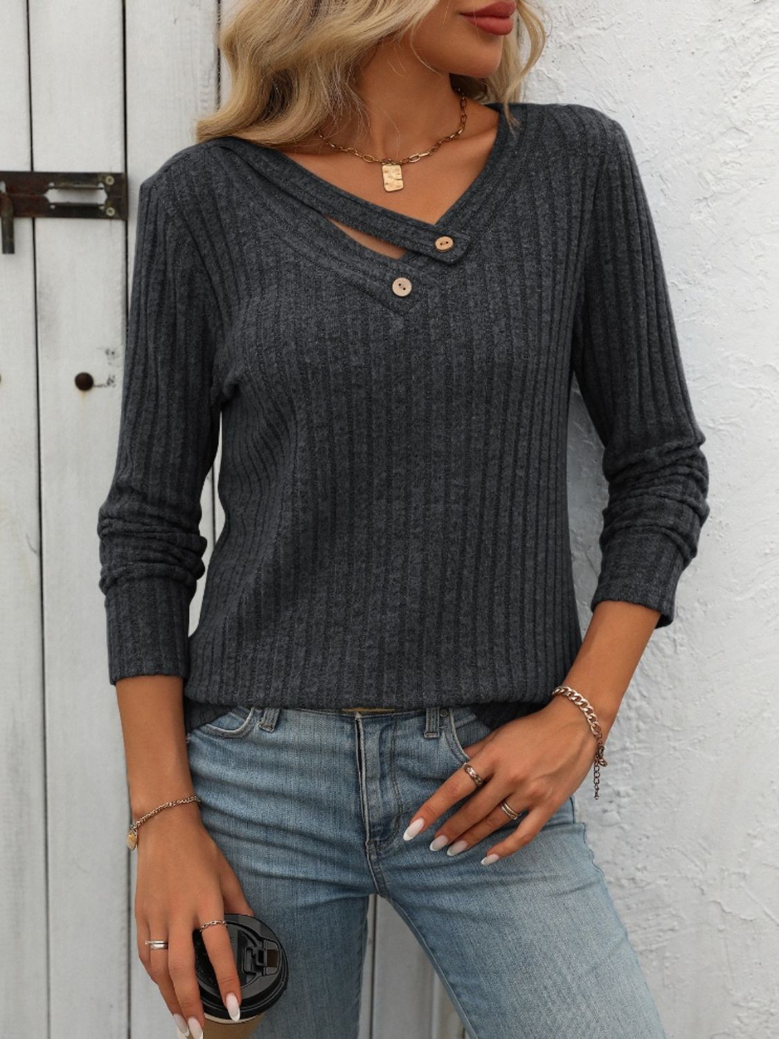 Keyhole ribbed knit henley top in charcoal grey with button detail and v-neck