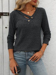 Keyhole ribbed knit henley top in charcoal grey with button detail and v-neck