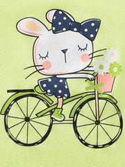 Toddler t-shirt with a lime green crew neck and a graphic of a bunny riding a bicycle with flowers.