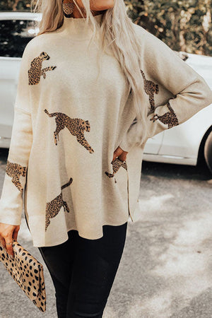 Cream leopard print mock neck knit sweater with side slits