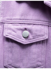 Lavender denim vest with buttoned chest pocket and frayed shoulder detail