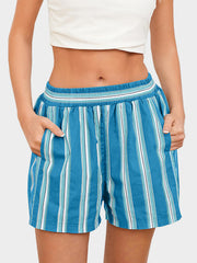 Blue striped shorts with elastic waistband and pockets