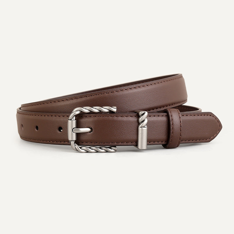 Brown cowhide leather belt with twisted buckle and silver hardware.