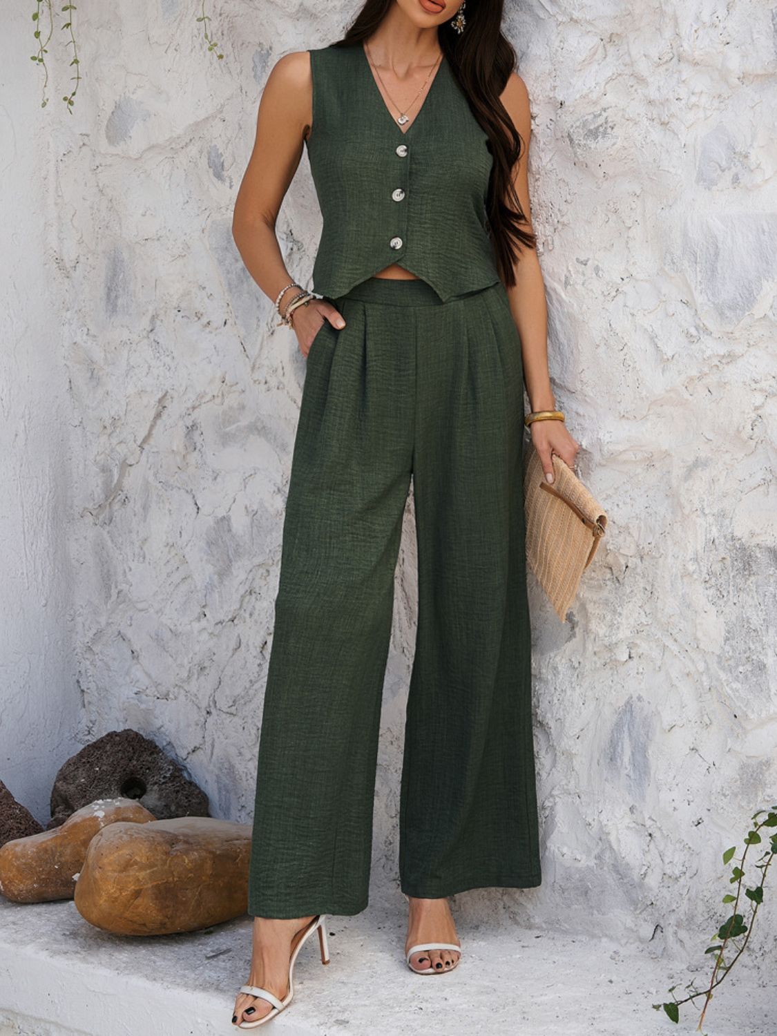 Dark green textured crop vest and wide leg pants set with button detail