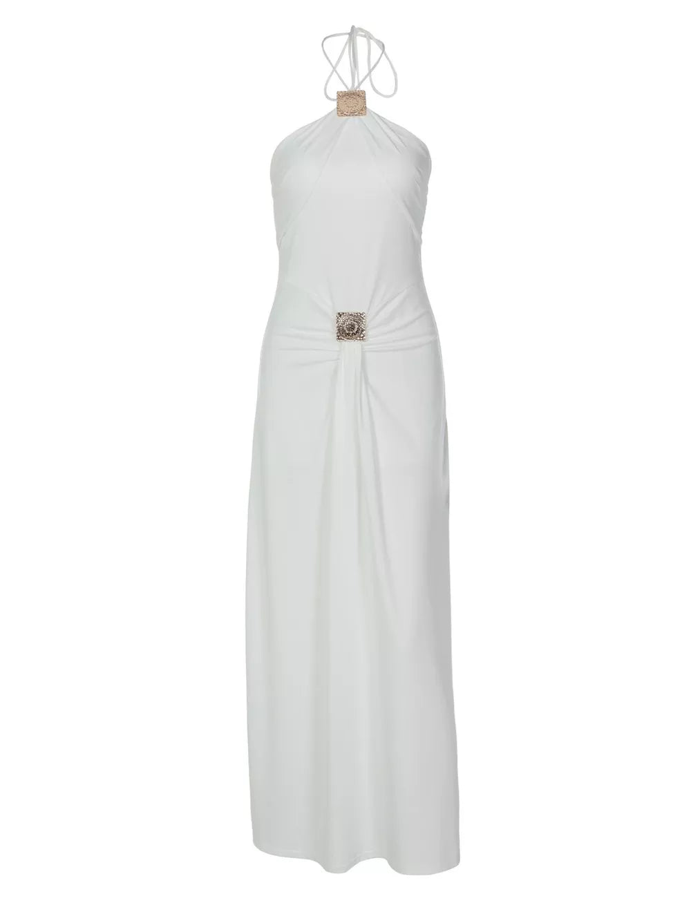 White halter neck ruched maxi dress with ornate square embellishments at the neckline and waist.