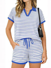 Blue striped polo shirt and drawstring shorts with pockets, women's loungewear set.