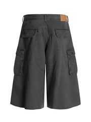 Men's grey utility cargo shorts with multiple pockets and a relaxed fit.